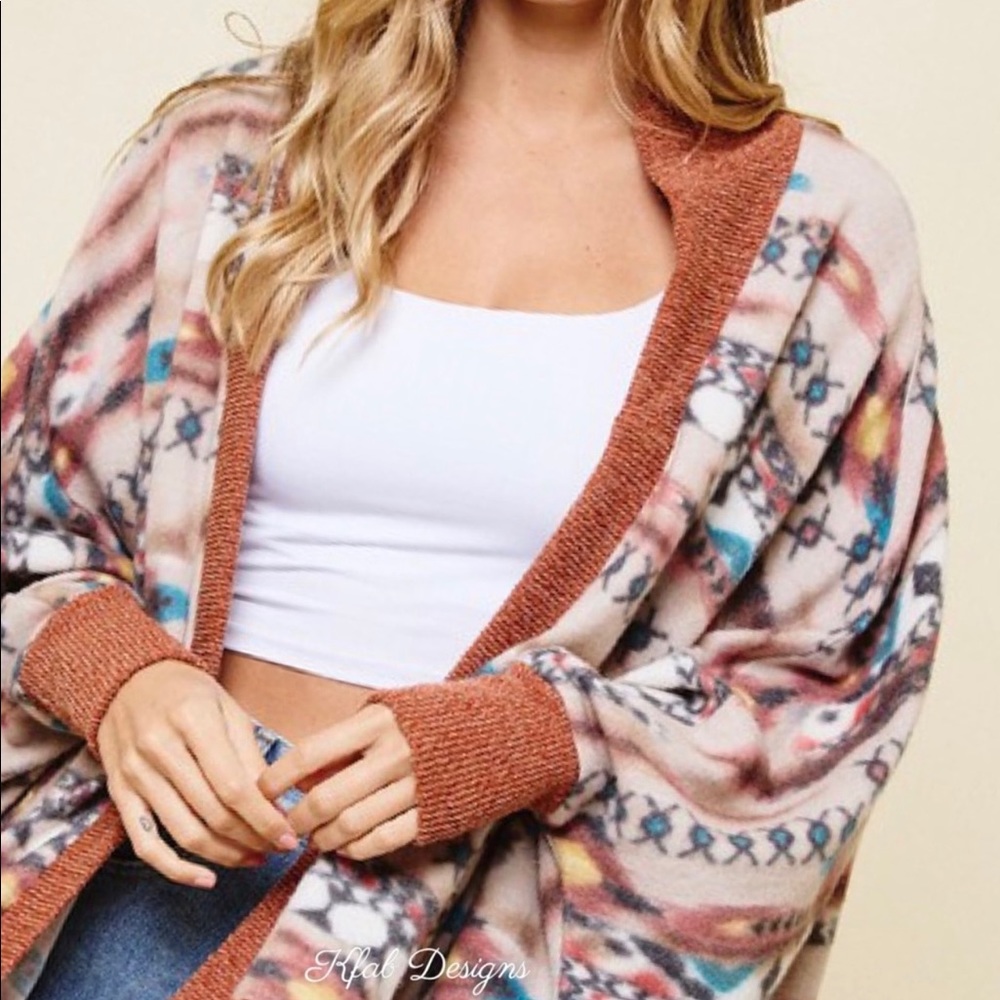 New!Sale❤️Rust Contrast Tribal Aztec Print Cuff Detail Design Open Soft Cardigan - Picture 5 of 6